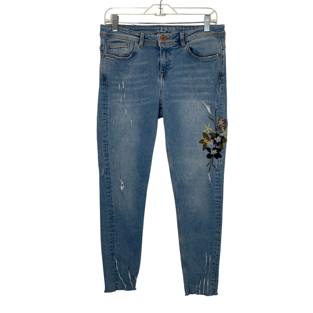 Zara Z1975 Denim Floral‎ Embroidered Slim Jeans Medium Wash Distressed Nature 8